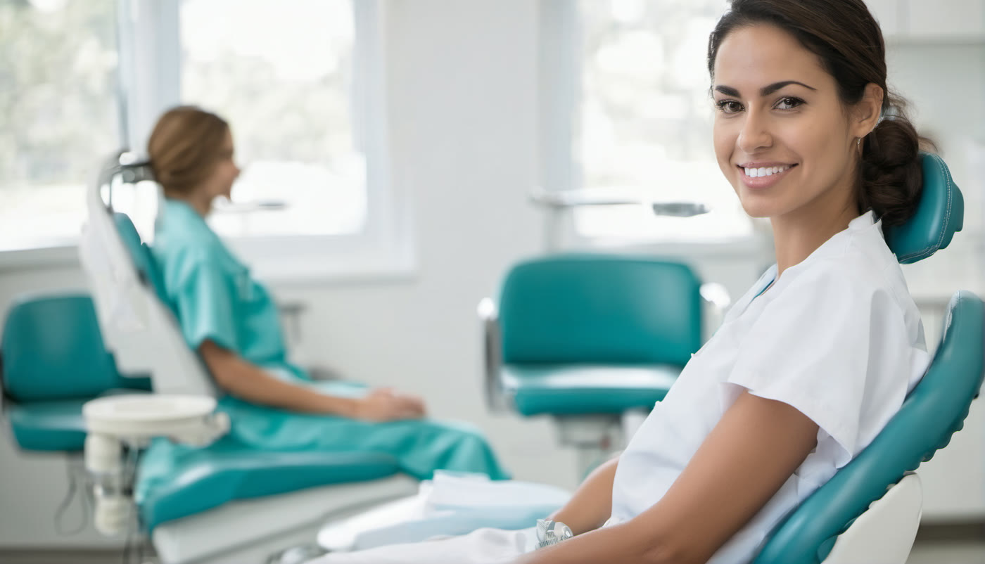 Paciente sonriendo en consulta con su odontóloga